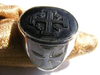 Black Onyx Engraved Jerusalem Cross Templar Sterling Silver Ring