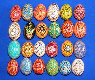 24 Wooden Ukrainian Pysanky Easter Painted Eggs