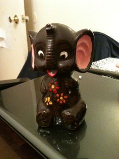 Vintage Brown Ceramic Hand Painted Elephant Coin Piggy Bank