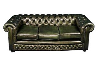  Vintage Antique Style Green Buttoned Leather Chesterfield Sofa