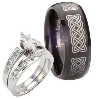  Princess CZ Tungsten Black Satin Celtic Engraved 3 Pcs Ring Set