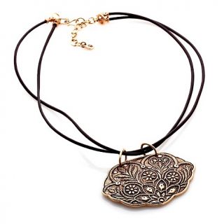  Ornate Bronze Pendant with 17 1/4 Black Double Leather Rope Necklace