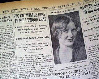 1932 Peg Entwistle Dies in Hollywood Sign Leap Suicide Old Newspaper