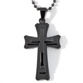  Steel and Black IP Stacked Cross Pendant with 24 Chain