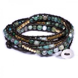 Eudora Natural Indian Agate Gold plt Beads 5 Wraps Leather Bracelet