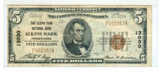 PA Elkins Park NL Bank $5 1929 T 1 CH 13030 Very Scarce