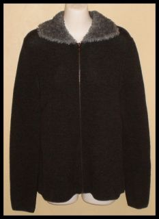 Emanuel UNGARO Wool Mohair Zip Sweater Jacket Sz L Faux Fur Collar