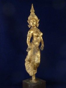 Antique Thai Bronze Figure Ramakien Dancer Gilt Temple Classical Hindu