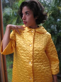 Vintage 70s Gold Quilted Satin Robe Full Length Coat M