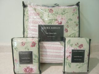 Laura Ashley Emily Green Pink Rose Floral Full Queen Quilt Set 3pc