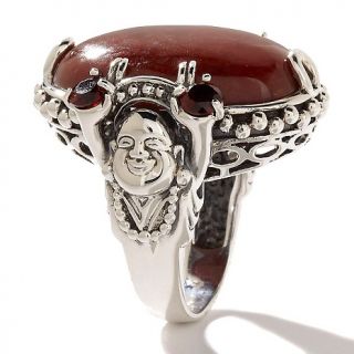 Jade of Yesteryear Red Jade and Garnet Sterling Silver Buddha Ring