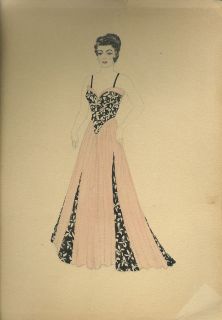 Original 1940s Fashion Illustration Pink Black Evening Gown