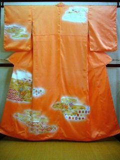 A525M Vintage Japanese Kimono Houmongi Shiny Orange Sherbet Silk