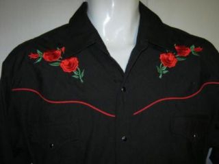 Vintage Ely Cattleman Western Shirt Black Embroidered Red Roses L Mens