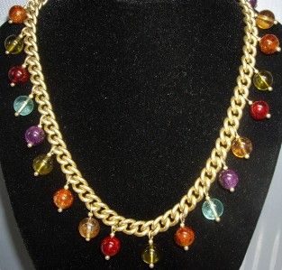 RARE Evita Peroni Gold Tone Curb Link Multi Color Lucite Bead Pendant