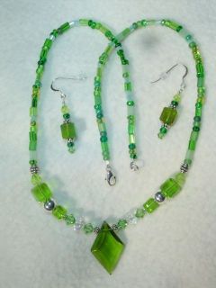 Emerald Isle Green Deco Glass Crystal premier Necklace Earrings