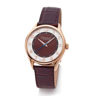 Caravelle Bulova Unisex Rosetone Rose Case Brown Leather Strap Watch
