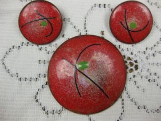 Vintage Matching Set Red Green Copper Metal Round Earring Brooch Pin