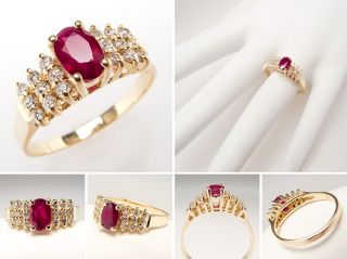 Natural Ruby Engagement Ring w/ Diamond Accents Solid 14K Gold Estate