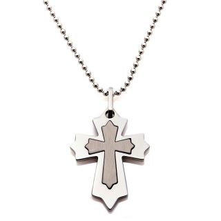 Stately Steel Stainless Steel Cross Pendant with 24 Bead Chain