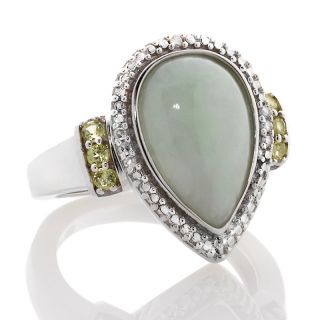 Sterling Silver Pear Shaped Green Jade and Peridot Ring with Diamond