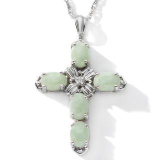 Oval Green Jade and Diamond Sterling Silver Cross Pendant with 18