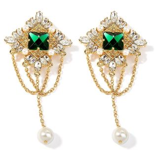 Universal Vault Emerald Color Stone Goldtone Square Drop Earrings at