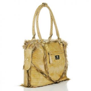 Sharif Croco Embossed Leather Bag with Faux Fur Trim