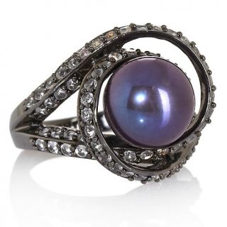 Pearl and White Topaz Silver Orbit Ring   10 11mm