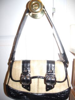Christmas Item Cole Haan Straw Handbag Beige and Black with Buckles