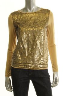 Ellen Tracy Gold Sequined Front Long Sleeves Casual Top Shirt L BHFO