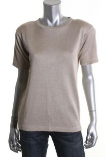 Ellen Tracy New Silver Ribbed Padded Shoulders Short Sleeve Pullover
