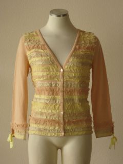 Anthropologie HWR pink layered lace & silk ruffle v neck cardigan