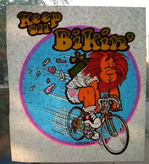 Vintage T Shirt Iron on 1973 Roach Art Keep on Biking Bike Bicycling