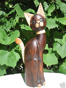 20 Wooden Wood Hand Crafted Carved Made Garden Art Cat Statue Decor