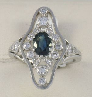 14k White Gold Diamond Sapphire Elongated Ladies Ring
