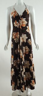 Vintage Estevez Sexy Brown Floral Print Jersey Halter Maxi Dress 6 70
