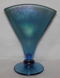 Vintage Fenton Signed Blue Art Glass Fan Vase