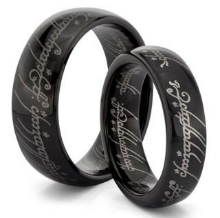  8mm 6mm Black Lord LOTR Engraved Band One Wedding Band Ring Set