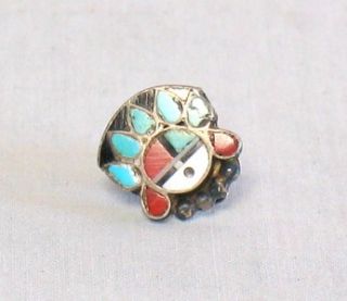 Vtg Old Zuni Turquoise & Red Sun face Inlay With Headdress Brooch Pin