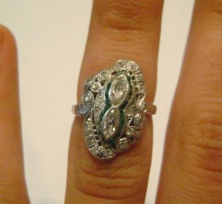 Extraordinary 1920s Antique Platinum Ring w Diamonds and Emeralds S4