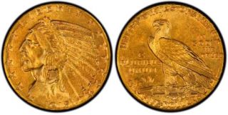 1915 S INDIAN HEAD   US GOLD COIN   FIVE DOLLAR   HALF EAGLE