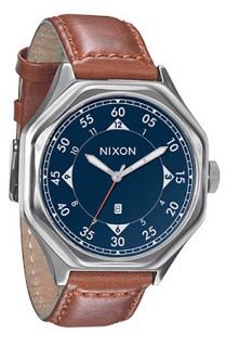 Nixon The Falcon Leather Watch in Brown Navy