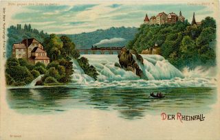  Hold to Light HTL Vintage Postcard Rhine Falls Train on Bridge