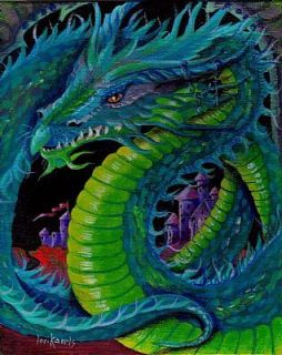 EBSQ ACEO Print Dragon Magic Fantasy Castle Lime Green Blue Serpent