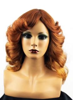 Long Farrah Fawcett Style Wig Fire Red Gold Blonde 70s Swept Back
