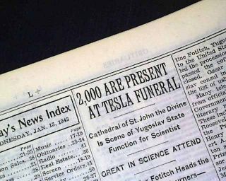1943 Newspaper Nikola Tesla Father of Radio Physics Electricity Death