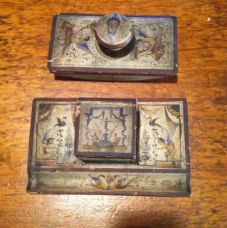 Antique Colonial Painted Angels Prim Ink Pot Well Roller Blotter Set