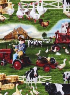 Farmall Tractor Barn Farm Cow Chickens Gees Fabric FQ