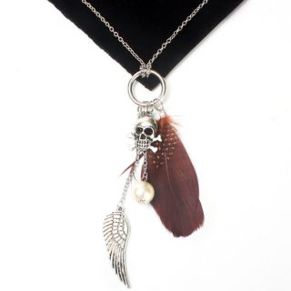 Brown Spotted Feather Metal Wing Skull Bones Necklace